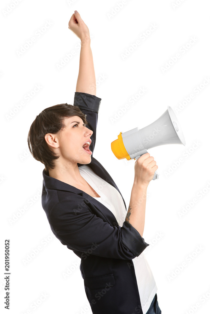Young woman shouting into megaphone on white background Young woman shouting into megaphone on white background