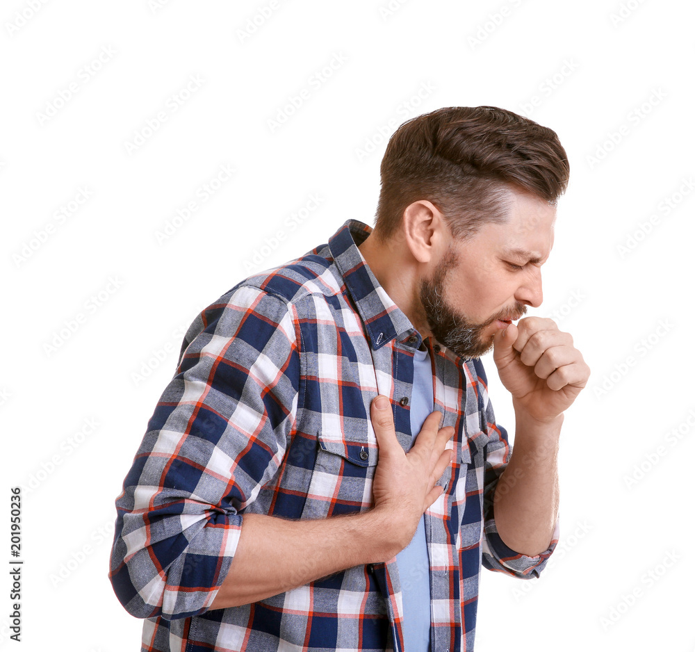 Mature man coughing on white background Mature man coughing on white background