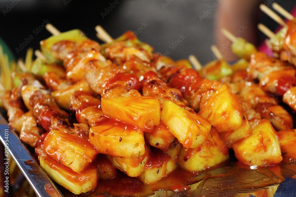 Grilled pork barbecue topped with sauce is delicious Grilled pork barbecue topped with sauce is delicious
