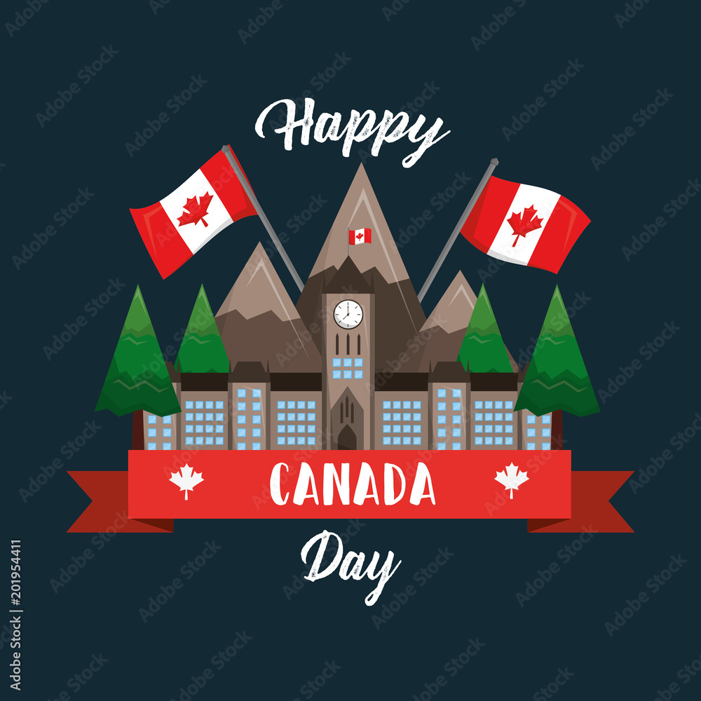 happy canada day ottawa parliament mountaind flag national vector illustration