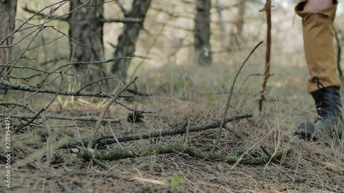 Wallpaper Mural close up of black leather boots walking in pines forest Torontodigital.ca