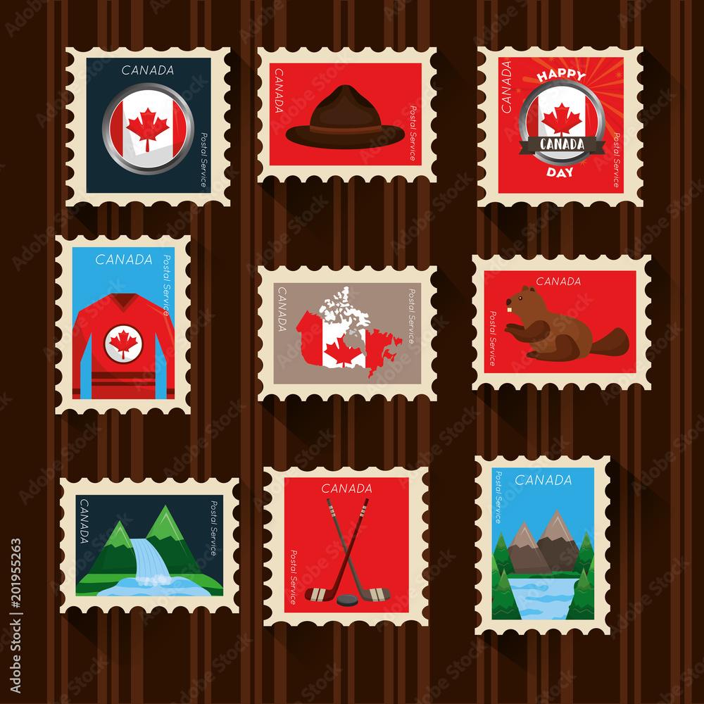 happy canada day set postage stamp symbols vector illustration
