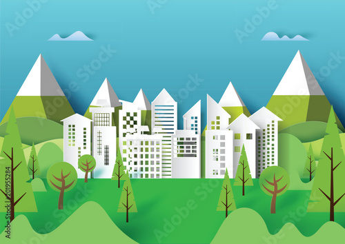 Cityscape and nature urban forest landscape creative idea concept design.Paper art style of ecology and environment conservation.Vector illustration