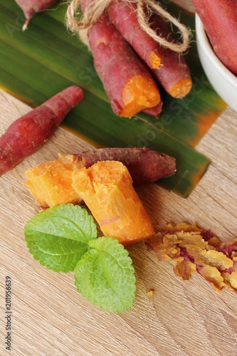 Sweet potato boiled delicious on wood background
