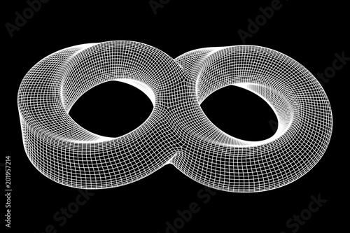 Mobius strip ring infinity sacred geometry. Spatial figure with upturned surfaces. Optical illusion with dual circular contour. Wireframe low poly mesh vector illustration.