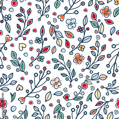 Flower and grass. Cute twigs with leaves. Seamless pattern