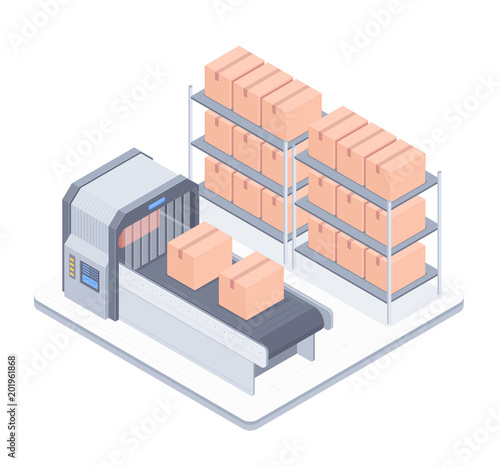 Concept of smart warehouse. Smart Automated boxing line in a warehouse. Design for landing page of modern logistics center. Vector 3d isometric illustration on white background.