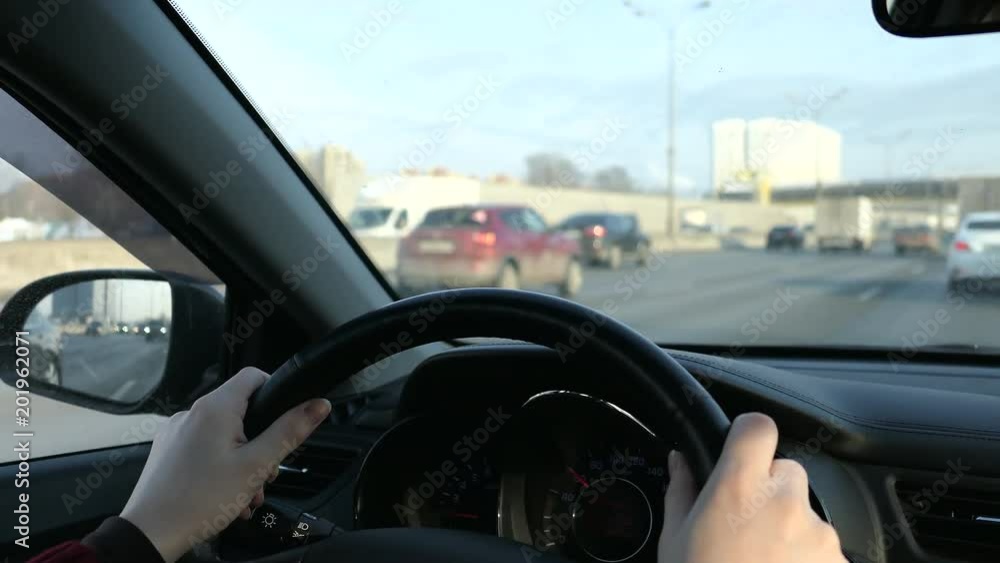 Woman With Steering Wheel Driving In Sunny Day Woman With Steering Wheel Driving In Sunny Day