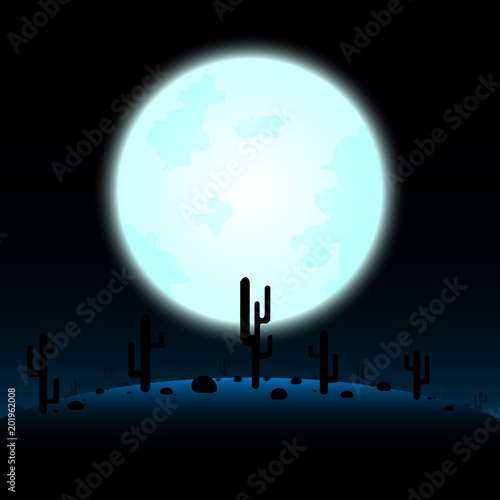 desert landscape in the night with super moon;cactus with grass on the floor;beautiful background vector design;dryness of the desert concept