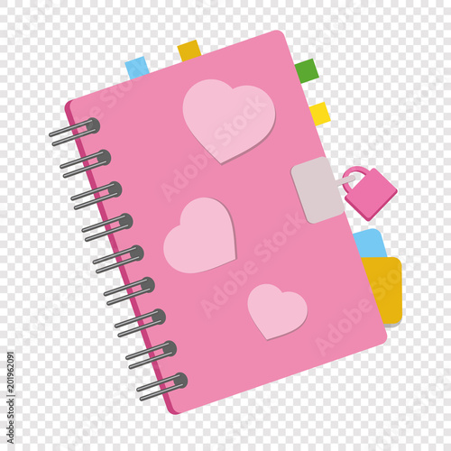 Closed notebook, personal diary on a spiral with bookmarks and paper for notes between pages. With a small lock. Colorful flat vector illustration isolated on a transparent background.