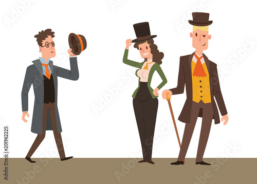 Vintage victorian cartoon gents retro people vector. Style fashion old people victorian gentleman clothing antique century character victorian gent people vintage wild west man and woman style