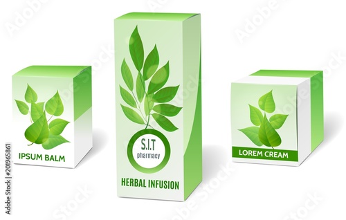 Herbal medicine packaging. Herbal medical or herbalism product boxes isolated on white, medicinal herbs box set with green leaves vector illustration