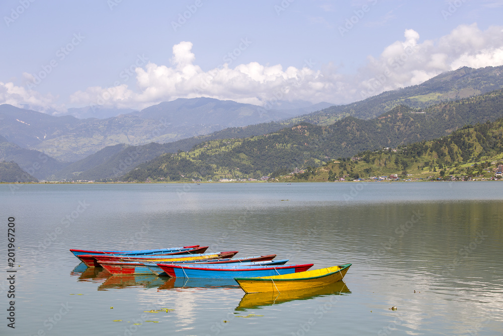 Beautiful green hills landscape from boat view on Phewa lake, Pokhara, Nepal Beautiful green hills landscape from boat view on Phewa lake, Pokhara, Nepal