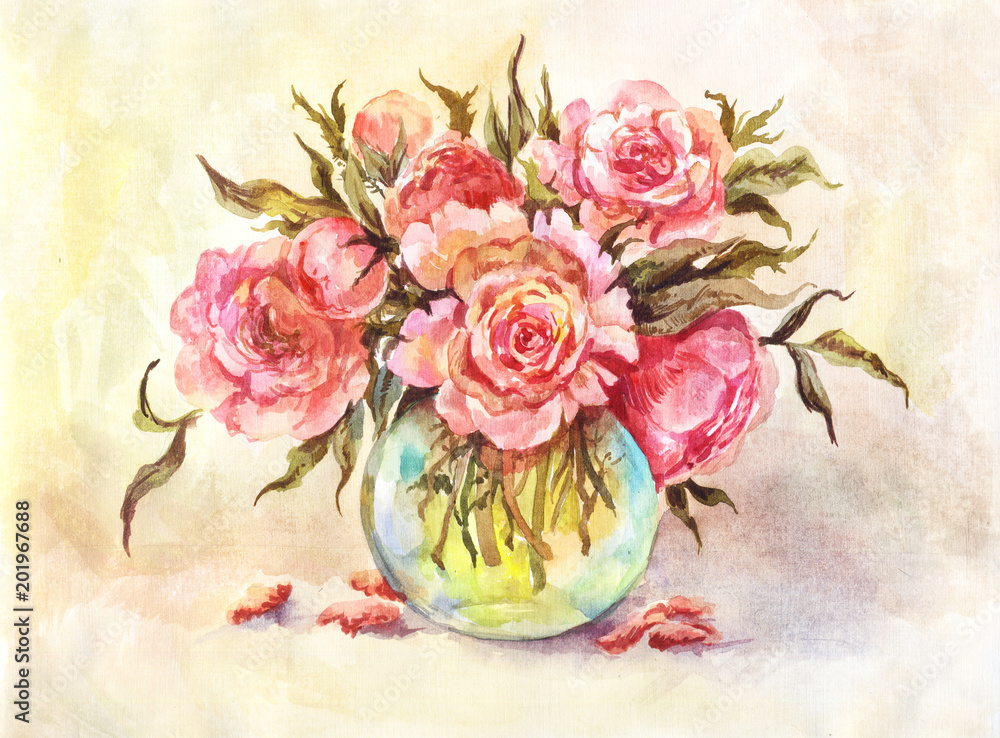 Obraz Akwareli ilustracja bukiet różowe peonie. Rocznika tło