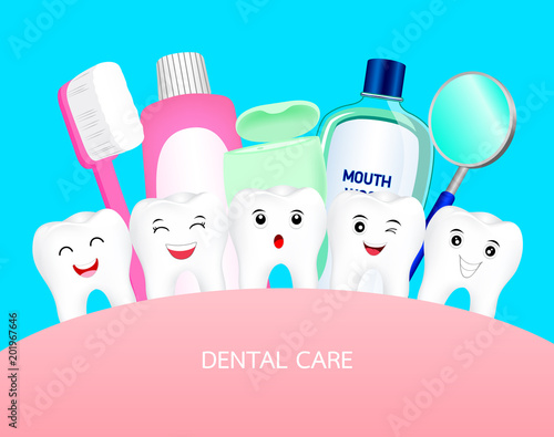 Cute cartoon tooth happily with dental tool. Dental care concept. Illustration isolated on blue background.