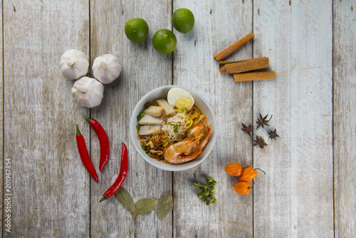 malaysian prawn noodle flat lay with spices