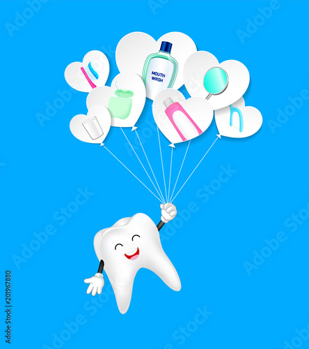 Cute cartoon tooth holding paper heart shape balloon. Happily with dental tool. Dental care concept. Illustration isolated on blue background.