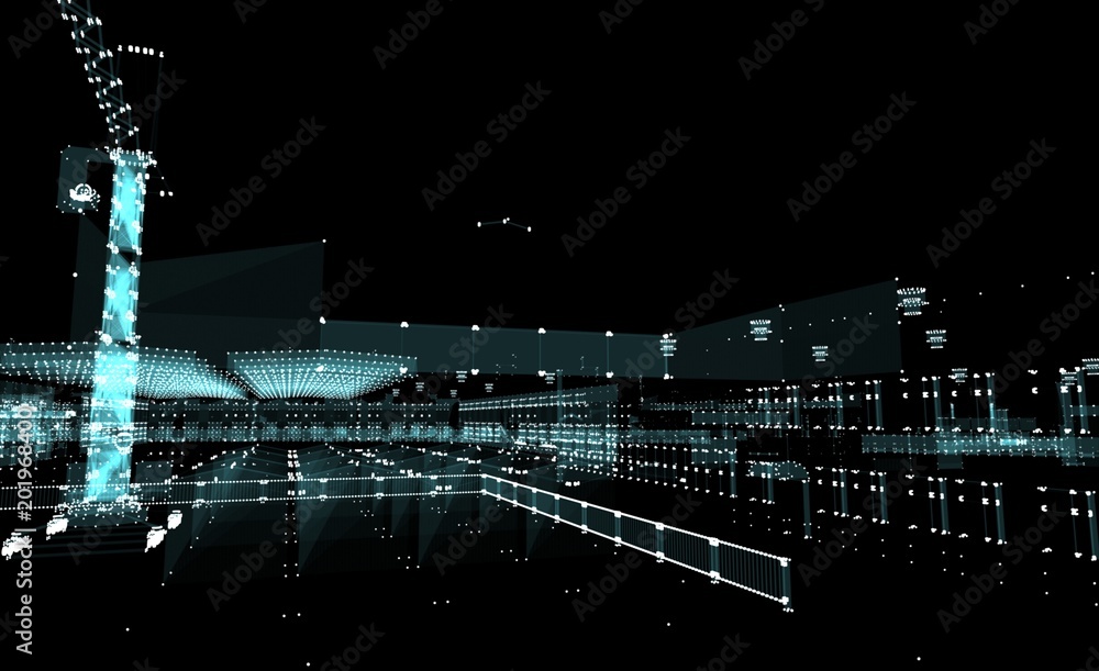 Abstract 3D rendered city of lines and dots