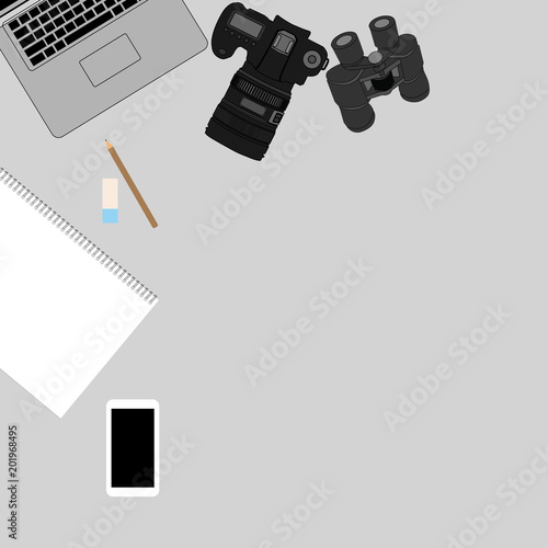 White office photography desk table with laptop, tablet, camera . Top view with copy space.Vector illustration