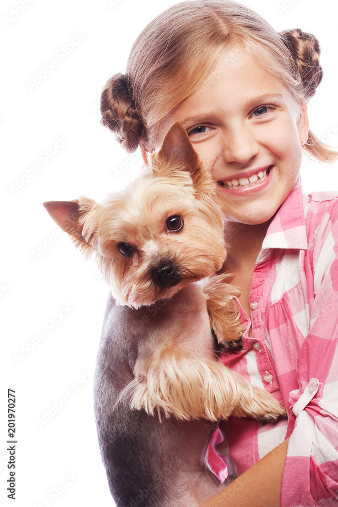 Beautiful blond girl with cute yorkshire terrier dog, isolated on white Beautiful blond girl with cute yorkshire terrier dog, isolated on white