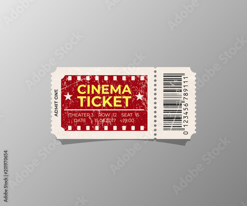 Vintage cinema ticket isolated on gray. Vector design element.