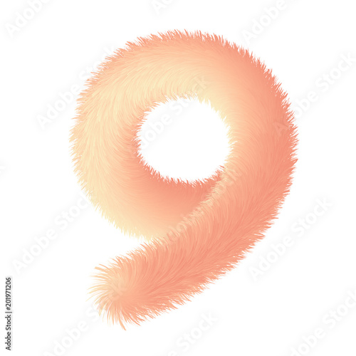 Number nine in fur childish style. Colorful cartoon fluffy gentle digit 9. Feathery fun pink digit. Vector isolated illustration