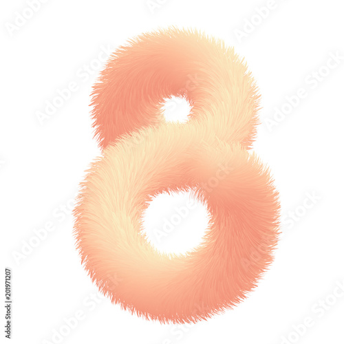 Number eight in fur childish style. Colorful cartoon fluffy gentle digit 8. Feathery fun pink digit. Vector isolated illustration