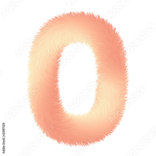 Number zero in fur childish style. Colorful cartoon fluffy gentle digit 0. Feathery fun pink digit. Vector isolated illustration