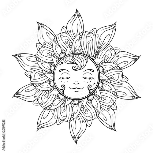 Ornamental sun coloring page.