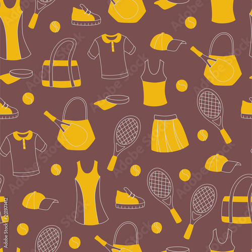 Hand Drawn Seamless Pattern with Tennis Equipment.