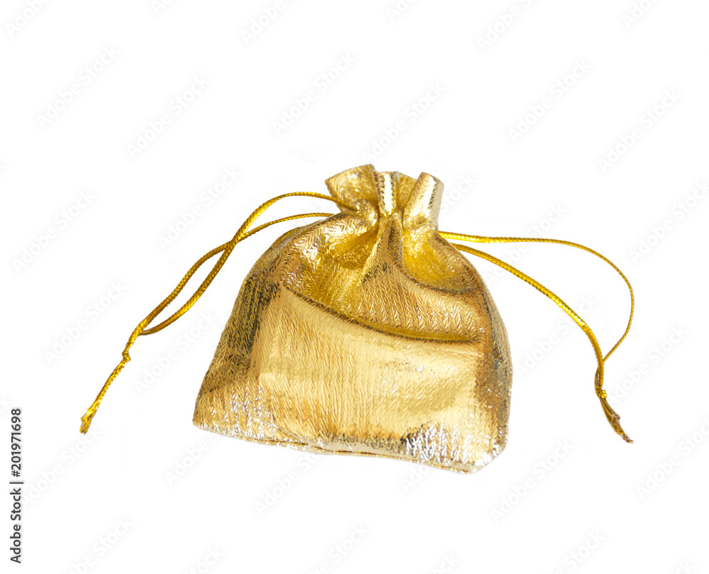 Golden gift bag on white background