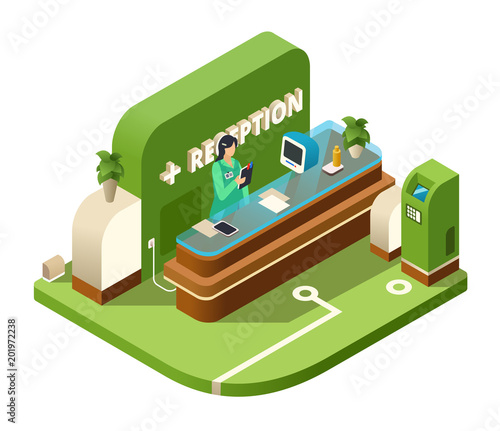 Reception isometric vector illustration of modern hospital or medical clinic reception interior in cross section. Isometric receptionist woman at table desk of hotel, hostel or resort