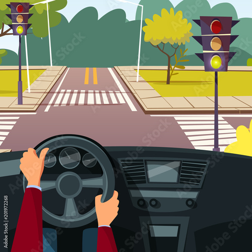Vector cartoon man hands on car wheel driving vehicle on street crossroad background. Behind the steering wheel concept. Illustration with car interior, speedometer and view from driver angle
