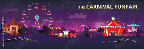 Amusement park vector illustration of funfair carnival at night or evening with cartoon rides. Flat merry-go-round carousels, circus tent or observation wheel and roller coaster rides with