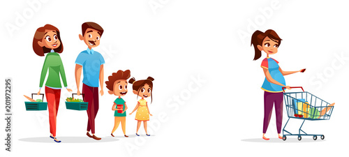 People with shopping carts vector illustration of family of man and pregnant woman with children in supermarket or grocery shop. Flat isolated people buying products in supermarket store