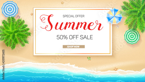 Poster of Summer sale action. Get up to fifty percent discount. Tropical landscape with blue ocean and gold sand, top view. Presentation template for travel agency, 3D illustration.