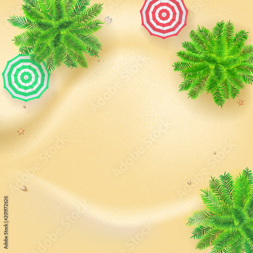 Palm trees, sun umbrellas on seashore, 3D illustration. Tropical landscape with gold sand, top view. Poster design of Summer vacation. Presentation template for travel agency.