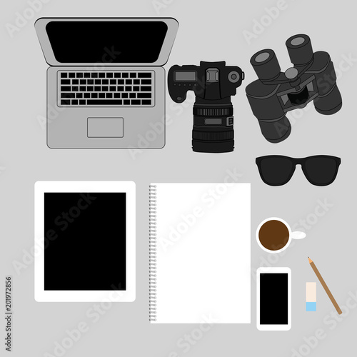 White office photography desk table with laptop, tablet, camera . Top view with copy space.Vector illustration
