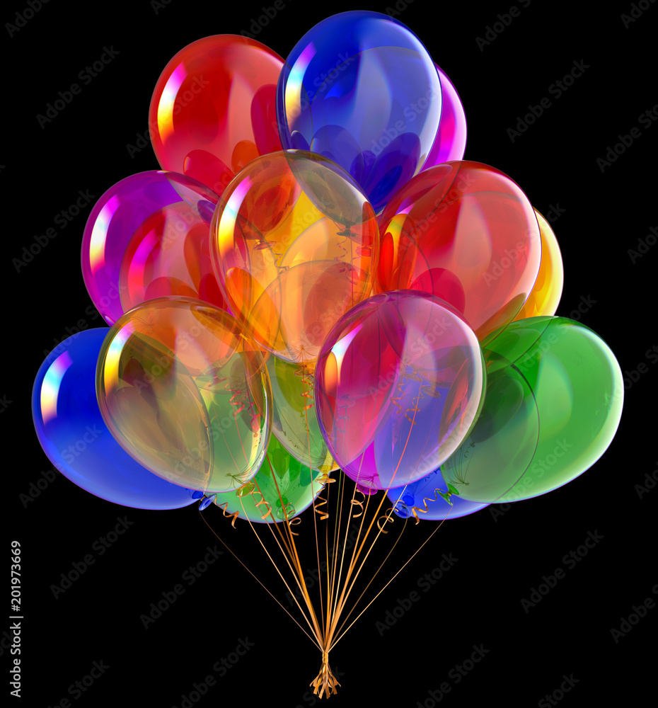 Birthday balloon bunch party balloons decoration colorful glossy. Happy  holiday celebration greeting card invitation. 3d illustration isolated on black  background Stock Illustration | Adobe Stock