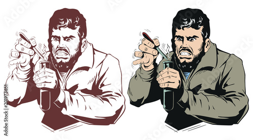 Man with flask of poison. Stock illustration.