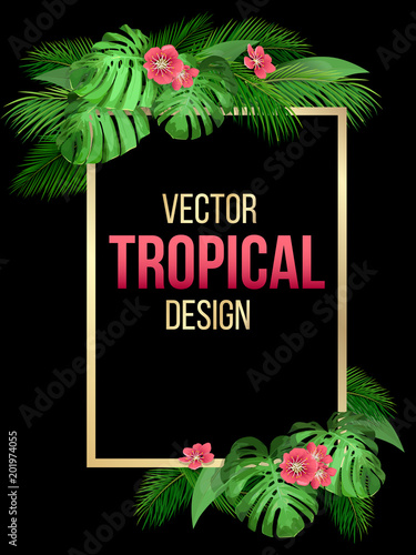 Rectangular Golden frame on black background with tropical leaves.