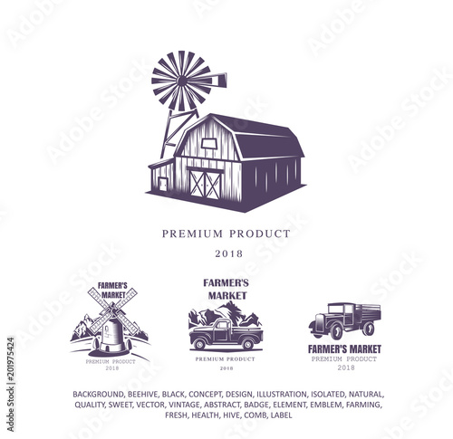 farm house set, mill logo, pick-up emblem, old truck icon. Vector illustration