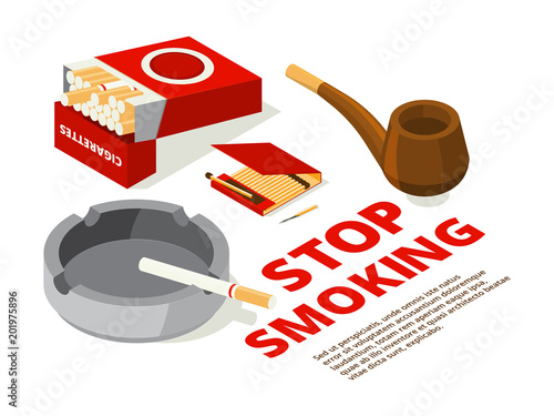 Concept illustrations of stop smoking theme. Various isometric pictures of tools for smokers