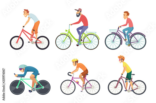 Set of bicycle sportsmen. Cartoon characters driving various bikes