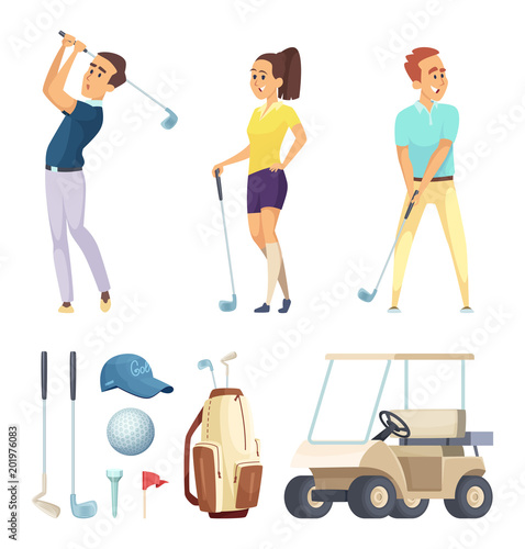 Sport characters and various tools for golf players. Vector cartoon mascots