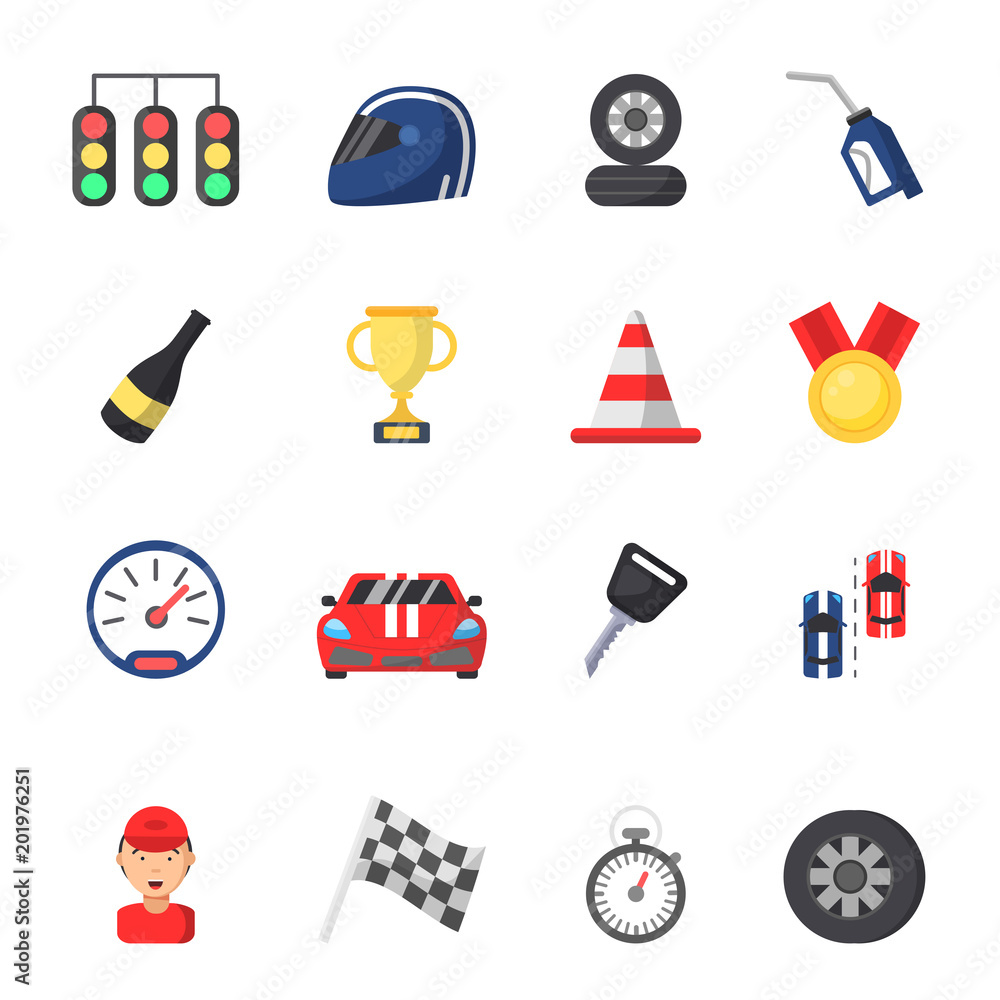 Sport symbols of racing. Car, motor, track and other flat icons Sport symbols of racing. Car, motor, track and other flat icons
