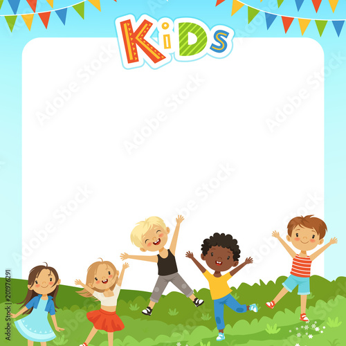 Background cartoon illustration with different kids and empty place for your text