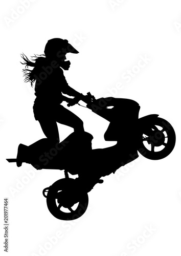 Girl and sport motor bike on white background