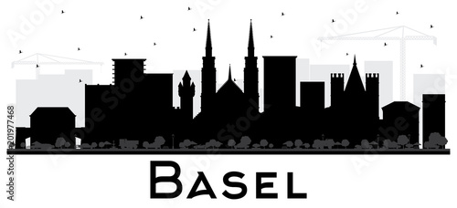 Basel Switzerland City Skyline Silhouette with Black Buildings Isolated on White.