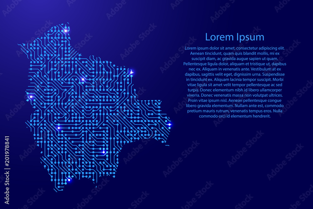 Map Bolivia from printed board, chip and radio component with blue star space on the contour for banner, poster, greeting card, of vector illustration.